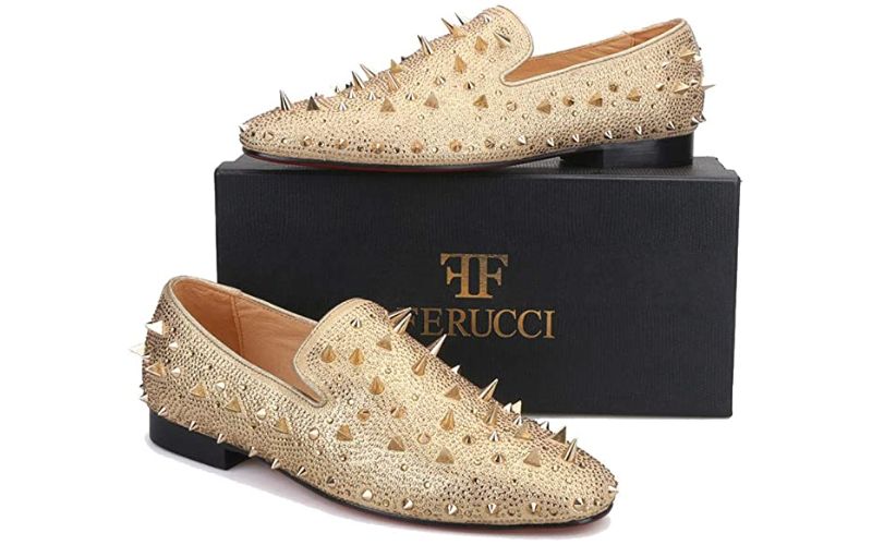 FERUCCI Men Gold Spikes Slippers Loafers Flat with Crystal GZ Rhinestone